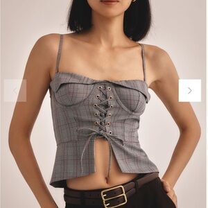 Anthropologie Gray Plaid Lace-Up Top